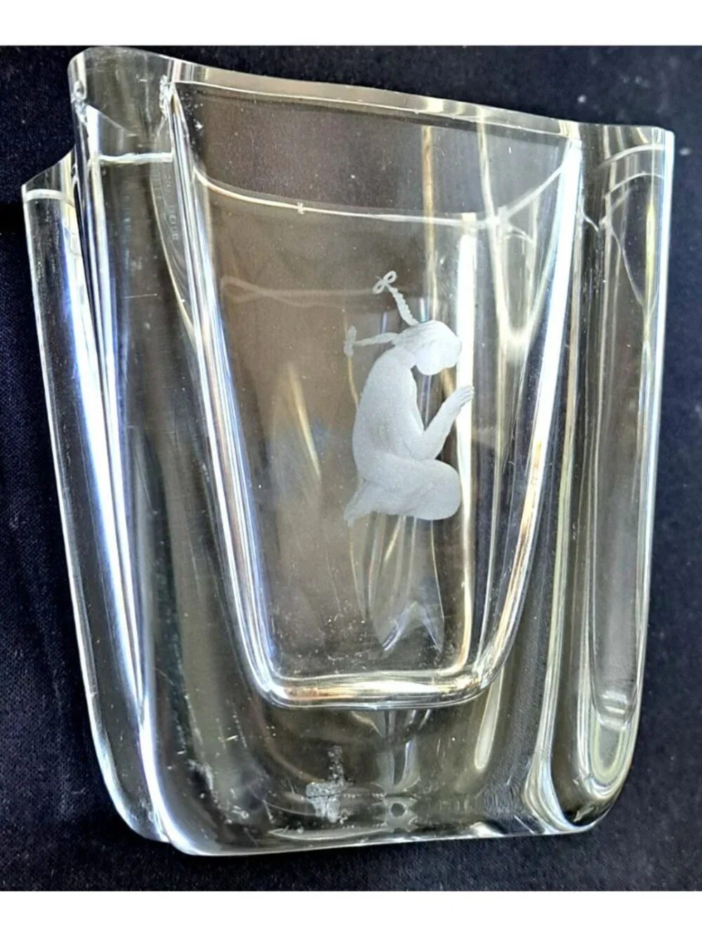 Vintage Skruf Sweden MCM Art Glass Lead Crystal Etched Vase Praying Girl Signed